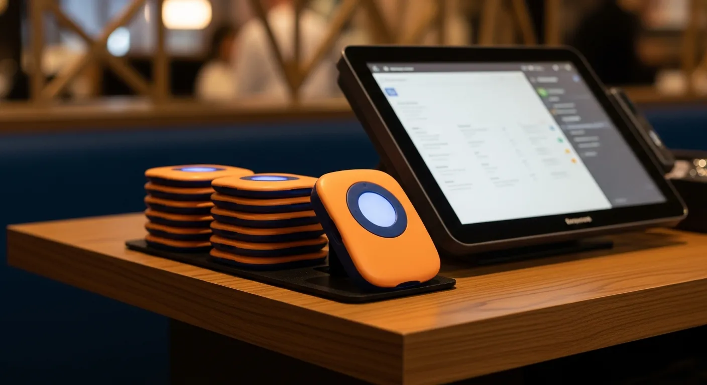 A line cook at the pass tapping a wall-mounted paging terminal while a server glances at a wearable pager across a busy restaurant kitchen